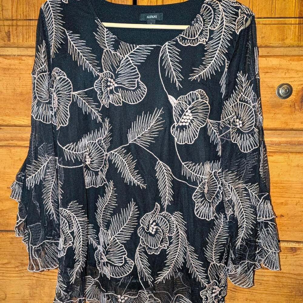Alfani Black Silver Embroidered Mesh Overlay Floral Blouse Top